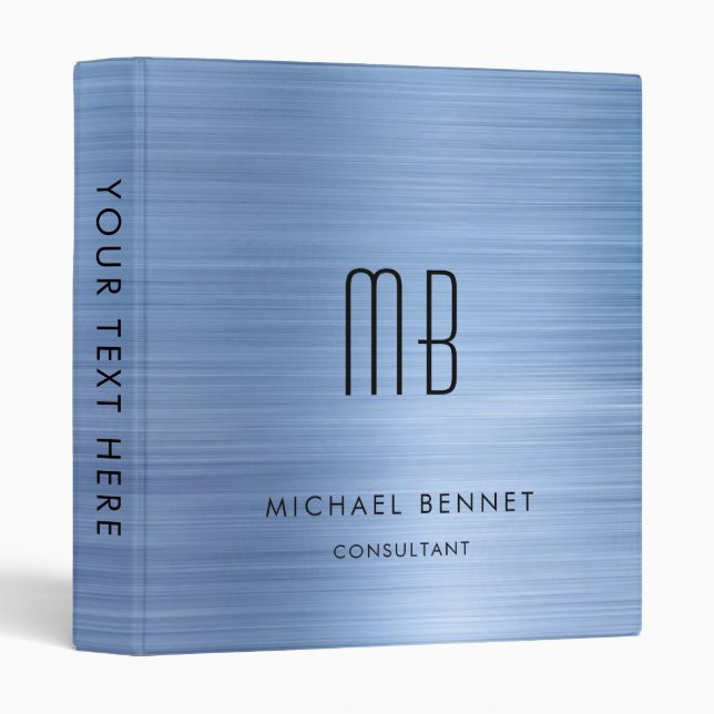Luxury Blue Metallic Monogram Business 3 Ring Binder (Front/Spine)