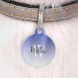Luxury Blue Ombre Brushed Metal Monogram Pet ID Tag<br><div class="desc">Treat your pet to a touch of glamour with this chic I.D. tag, featuring their name in elegant modern charcoal gray calligraphy script over a white serif monogram initial, on a background of ombre blue faux brushed metal. Customize the reverse with your phone number or text of your choice in...</div>