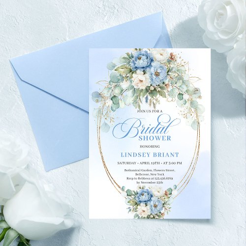 Luxury Blue Peonies Eucalyptus Gold Bridal Shower 