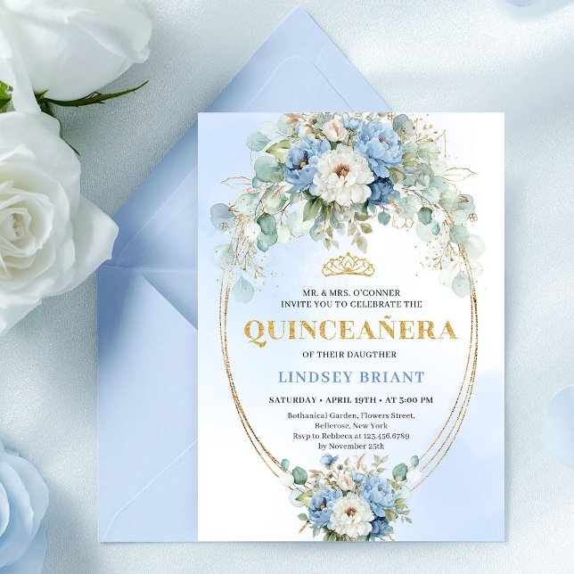 Luxury Blue Peonies Gold Quinceañera 15th Birthday Invitation (Luxury Blue Peonies Quinceañera 15th Birthday Invitation)