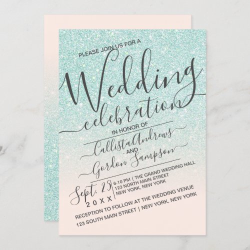 Luxury Blue Pink Sparkly Glitter Ombre Wedding Invitation