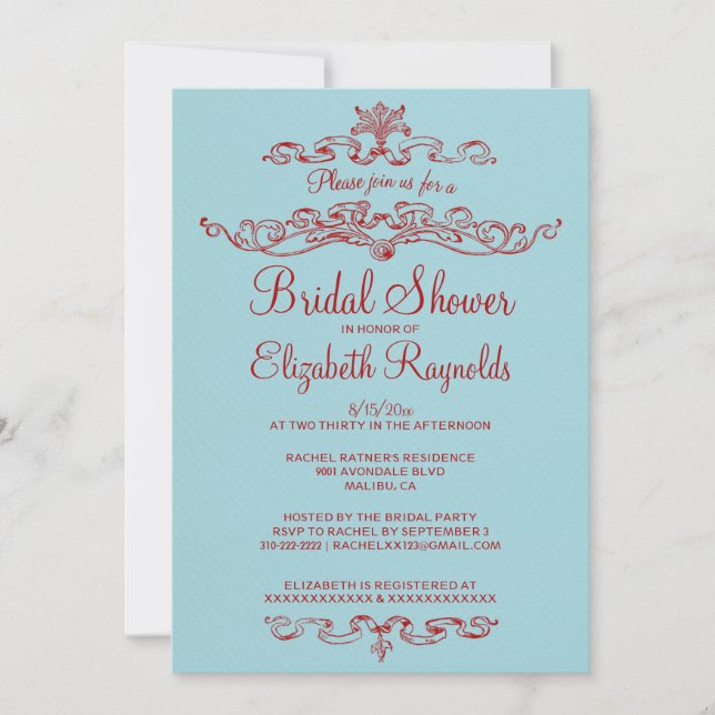 Luxury Blue & Red Bridal Shower Invitations (Front)