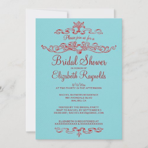 Luxury Blue &amp; Red Bridal Shower Invitations