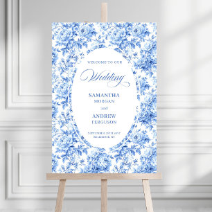 Luxury Blue Roses Toile Wedding Welcome Poster
