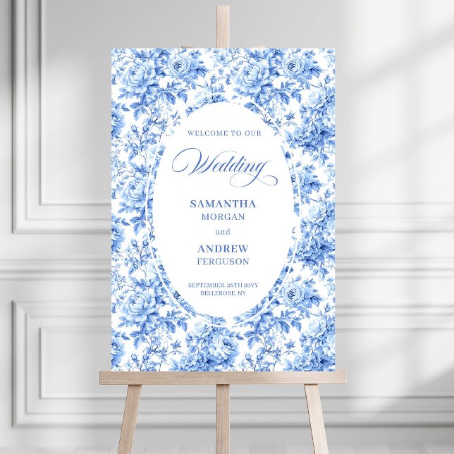 Luxury Blue Roses Toile Wedding Welcome Poster (Luxury Blue Roses Toile Wedding Welcome Poster)