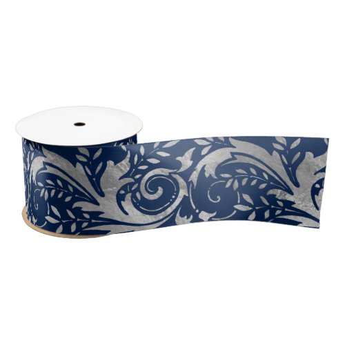 Luxury Blue Silver Foil Ornate Floral Pattern Satin Ribbon