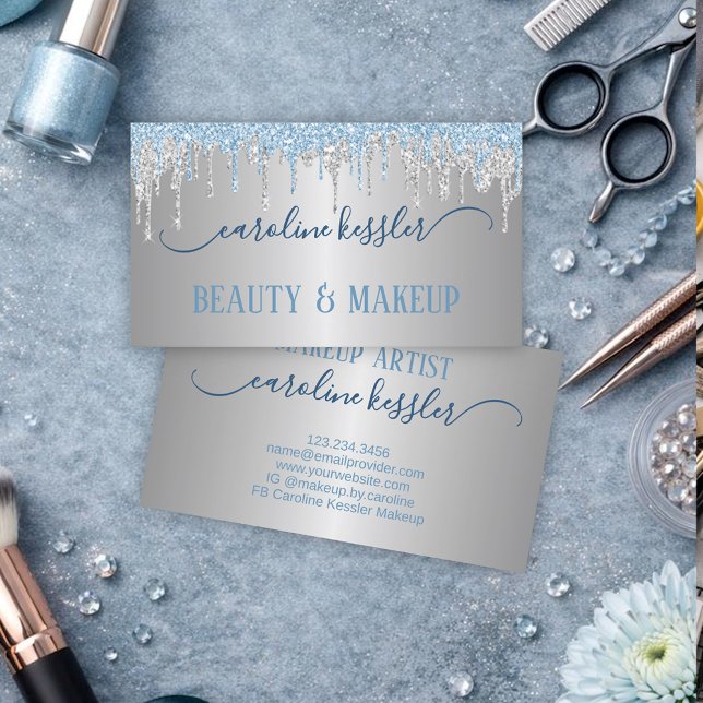 Luxury Blue Silver Makeup Artist & Hair Stylist Business Card (Creator Uploaded)