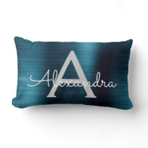 Luxury Blue Stainless Steel Monogram Name Lumbar Pillow