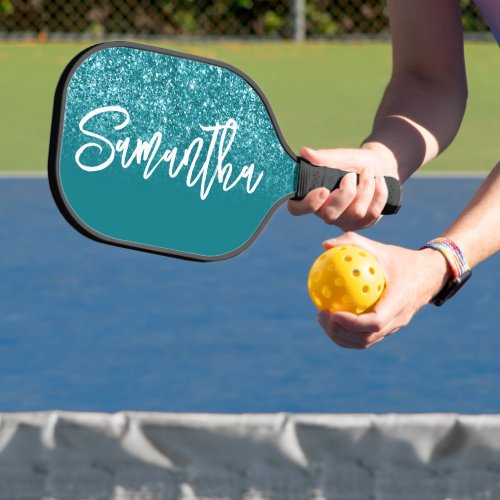 Luxury Blue Teal Glitter Ombre Personalized Pickleball Paddle