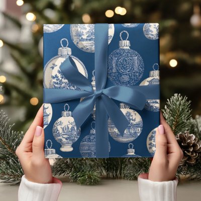 Luxury Blue Toile Christmas Ornament Wrapping Paper