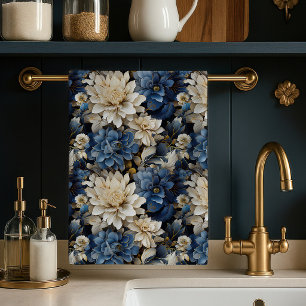 Luxury Blue White Ivory Floral Soft Kitchen Towel