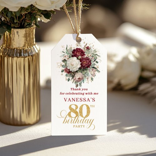 Luxury Blush Burgundy Floral 80th Birthday Favor   Gift Tags