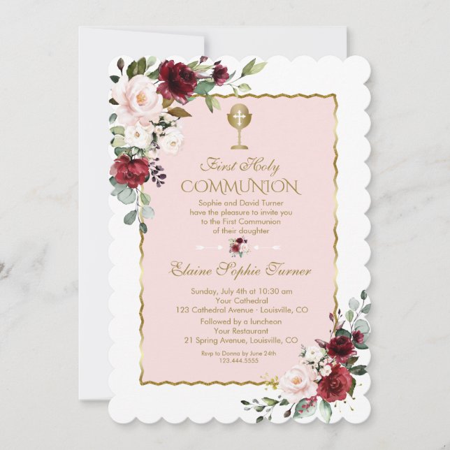 Luxury Blush Burgundy Floral Gold Holy Communion Invitation (Front)