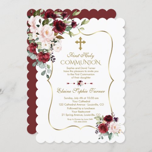 Luxury Blush Burgundy Flowers First Holy Communion Invitation