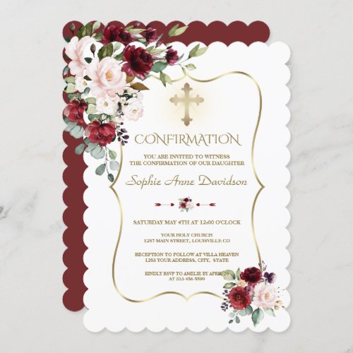 Luxury Blush Burgundy Flowers Girl Confirmation Invitation