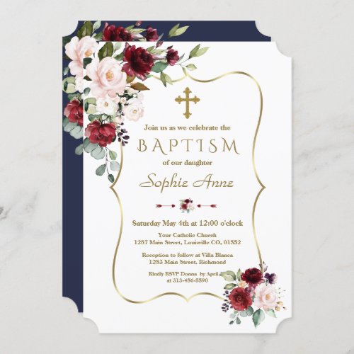 Luxury Blush Burgundy Flowers Gold Cross Baptism Invitation