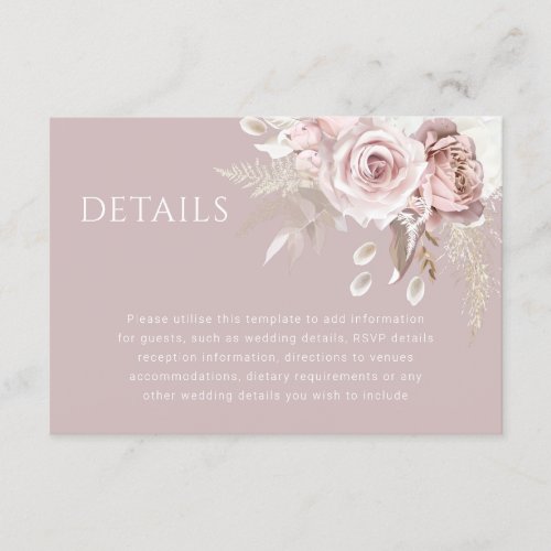 Luxury Blush Floral Botanical Wedding Details Enclosure Card
