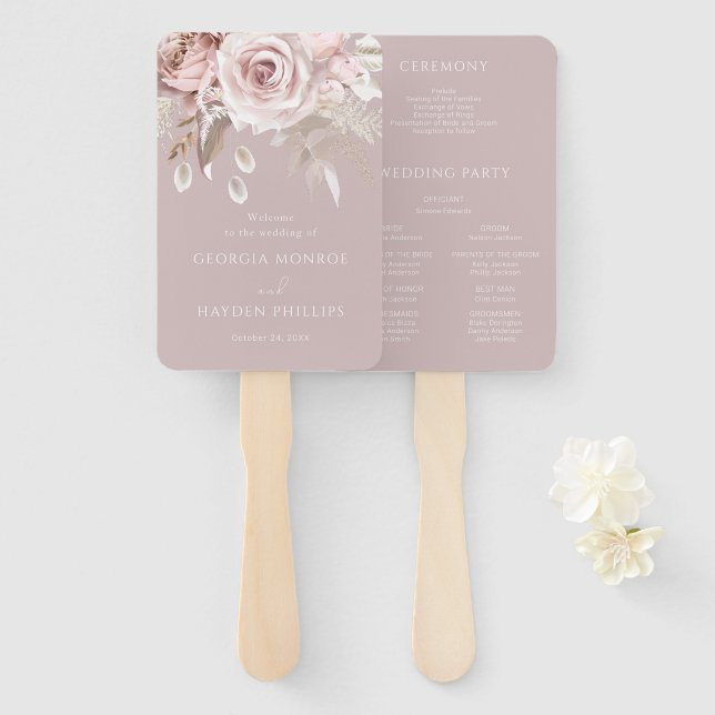 Luxury Blush Floral Botanical Wedding program Hand Fan (Front and Back)