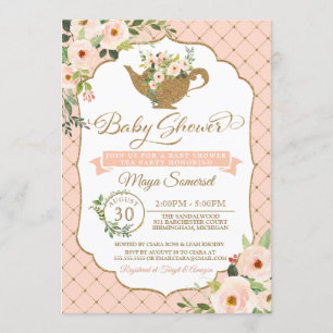 Luxury Blush Floral Girl Tea Party Baby Shower Invitation