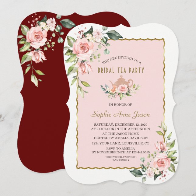 Luxury Blush Floral Gold Frame Bridal Tea Party Invitation (Front/Back)