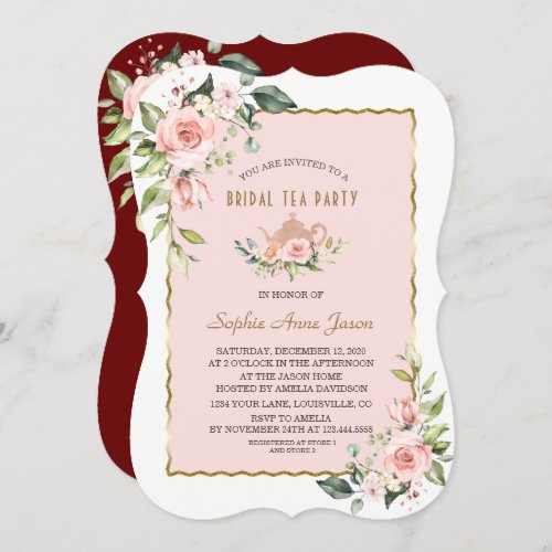 Luxury Blush Floral Gold Frame Bridal Tea Party Invitation