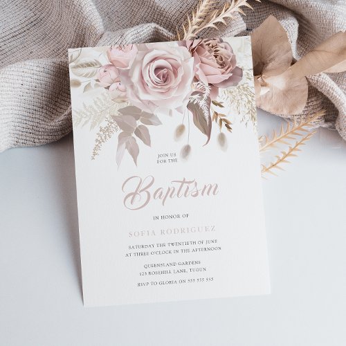 Luxury Blush Flowers Elegant Baptism Invitation