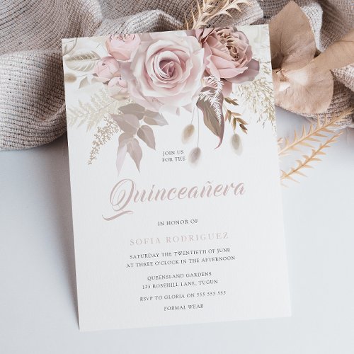 Luxury Blush Flowers Elegant Quinceanera Invitation