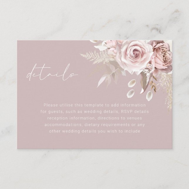 Luxury Blush Flowers Elegant Wedding Details Enclosure Card (Front)