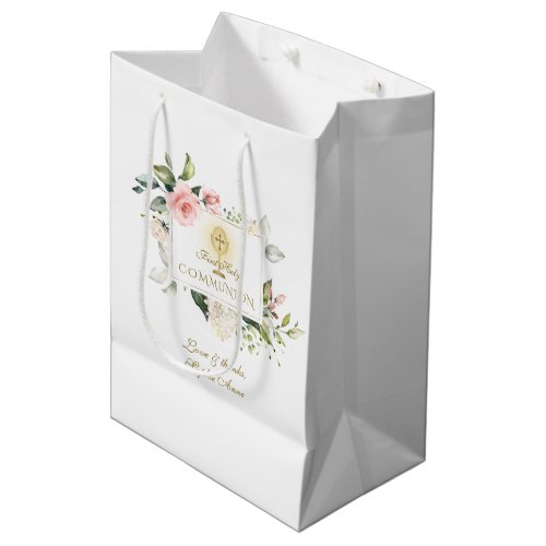 Luxury Blush Flowers Frame Gold Girl Christening Medium Gift Bag