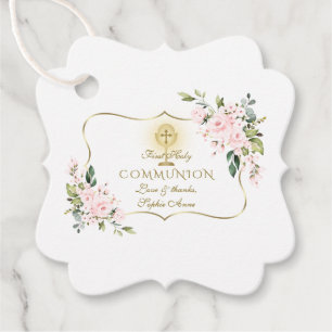 Luxury Blush Flowers Gold Cross Holy Communion Favor Tags