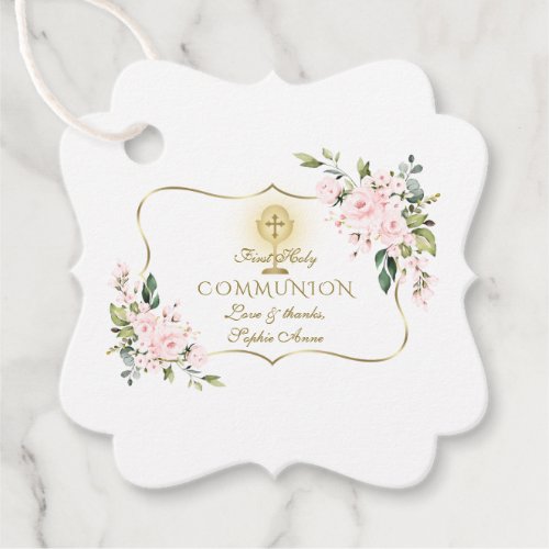 Luxury Blush Flowers Gold Cross Holy Communion Favor Tags
