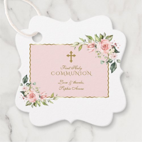 Luxury Blush Flowers Gold Cross Holy Communion Favor Tags