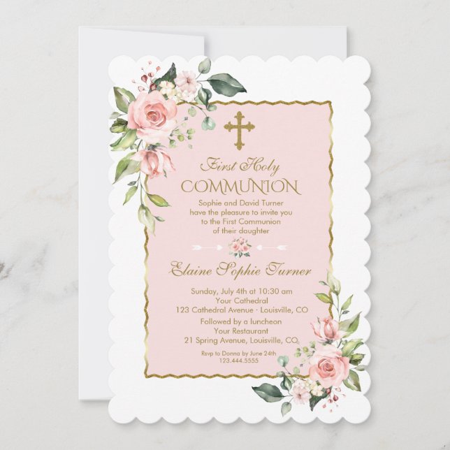 Luxury Blush Flowers Gold First Holy Communion Invitation (Front)