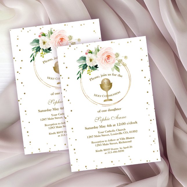 Luxury Blush Flowers Gold Frame Holy Communion Invitation (Creator Uploaded)