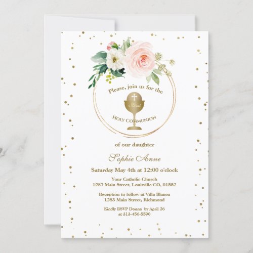 Luxury Blush Flowers Gold Frame Holy Communion Invitation