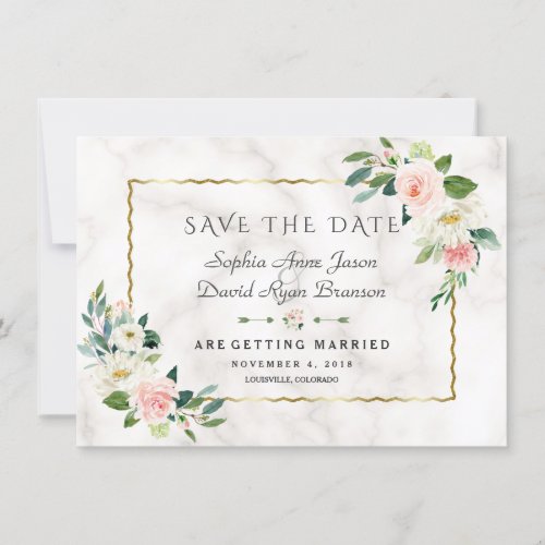 Luxury Blush Flowers Gold Frame Marble Wedding Save The Date