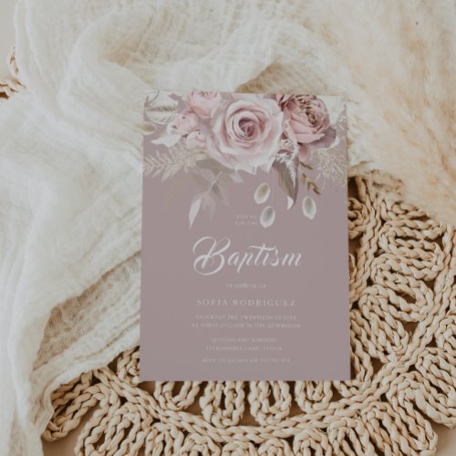 Luxury Blush Flowers Premium Baptism Invitation