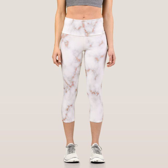 Luxury Blush Glitter Pink White Marble Capri Leggings (Front)