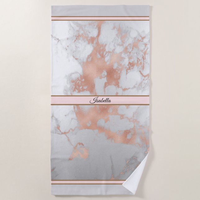 Luxury Blush Glitter White Pink Marble Customize Beach Towel (Front)