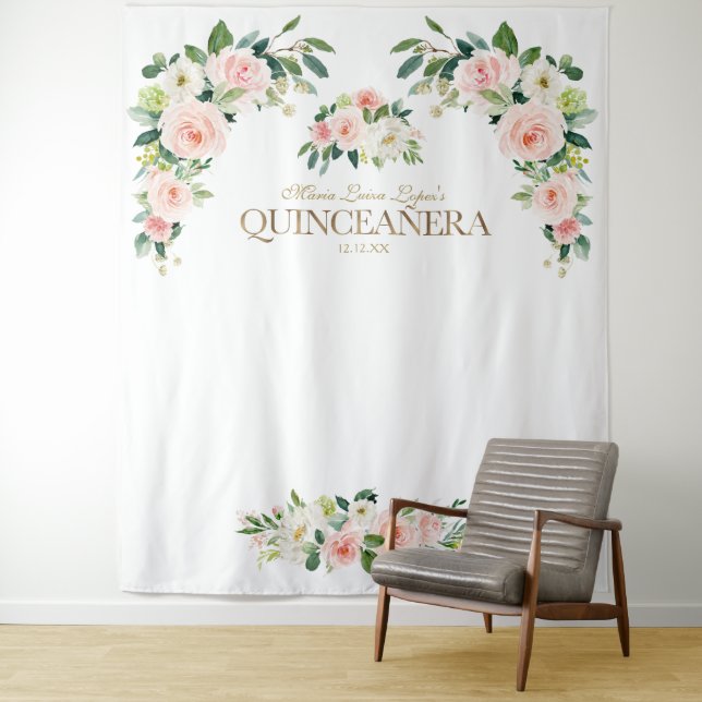 Luxury Blush Ivory Floral Quinceañera Photo Booth Tapestry (In Situ)