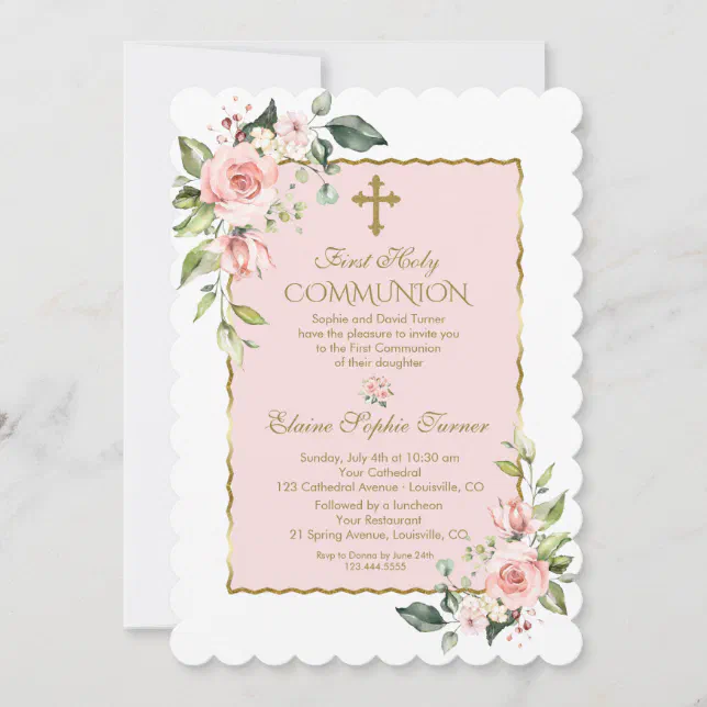 Luxury Blush Pink Floral Gold First Holy Communion Invitation | Zazzle