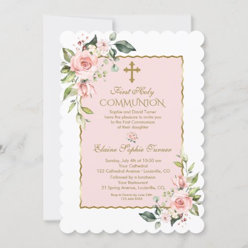 Luxury Blush Pink Floral Gold First Holy Communion Invitation
