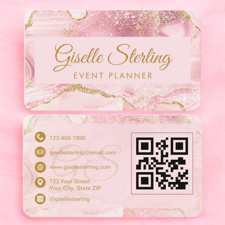 Luxury Blush Pink Gold Event Planner QR Code Business Card