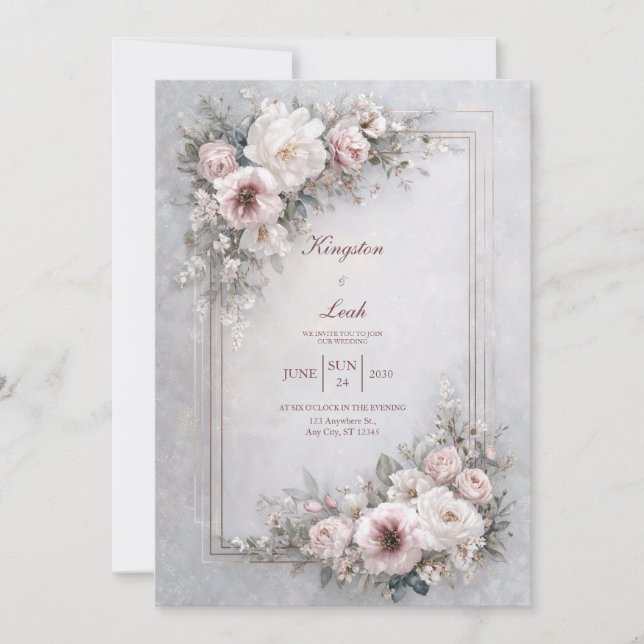 Luxury Blush Pink Gold Frame Floral Wedding Invitation (Front)