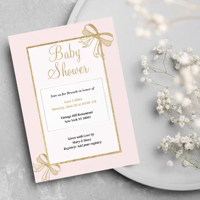 Luxury blush pink gold glitter bow Baby Shower Invitation | Zazzle