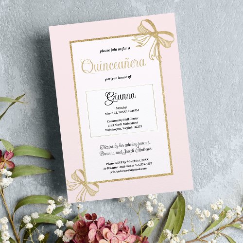 Luxury blush pink gold glitter bow Quinceaera Invitation