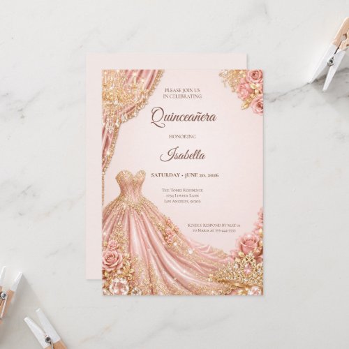 Luxury Blush Pink Gold Princess Quinceañera Invitation