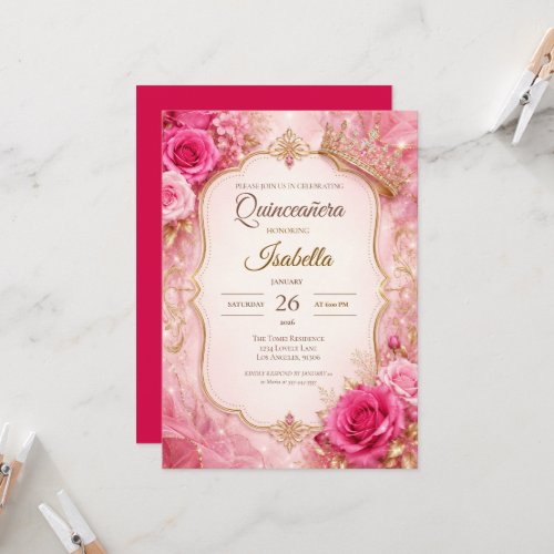 Luxury Blush Pink Gold Princess Quinceañera Invitation