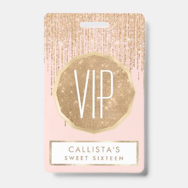Luxury Blush Pink Gold Sparkly Glitter Fringe Badge (Front)