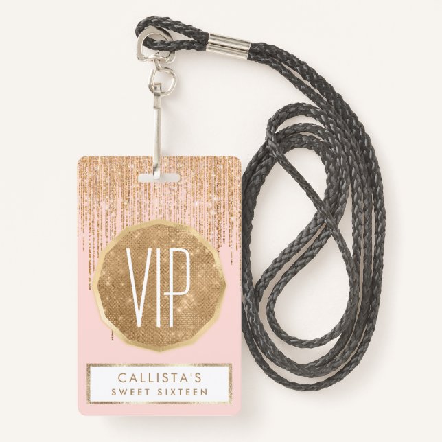 Luxury Blush Pink Gold Sparkly Glitter Fringe Badge (Front with Lanyard)